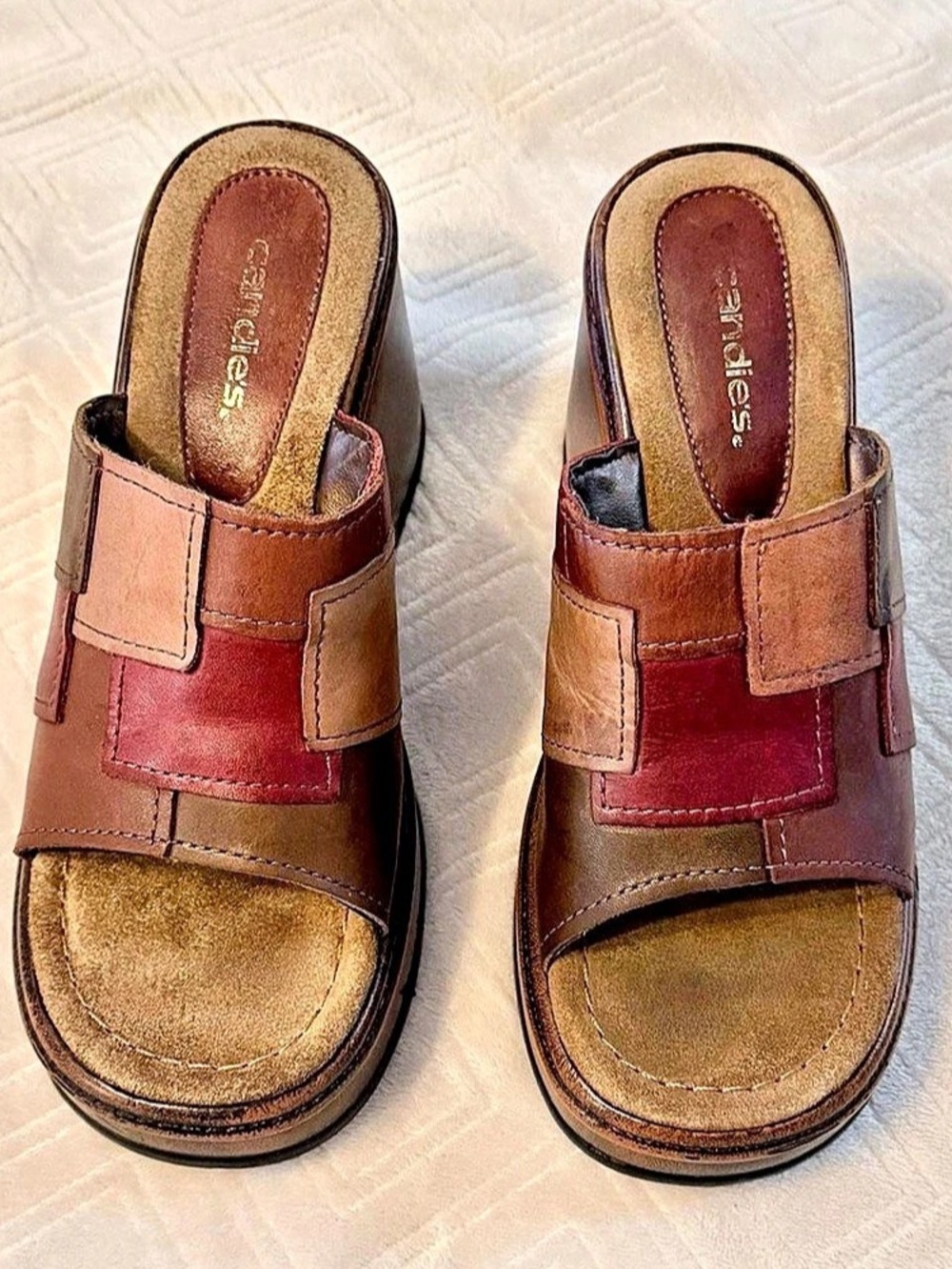 VINTAGE/Y2K Candie’s leather patchwork platform wedge sandals